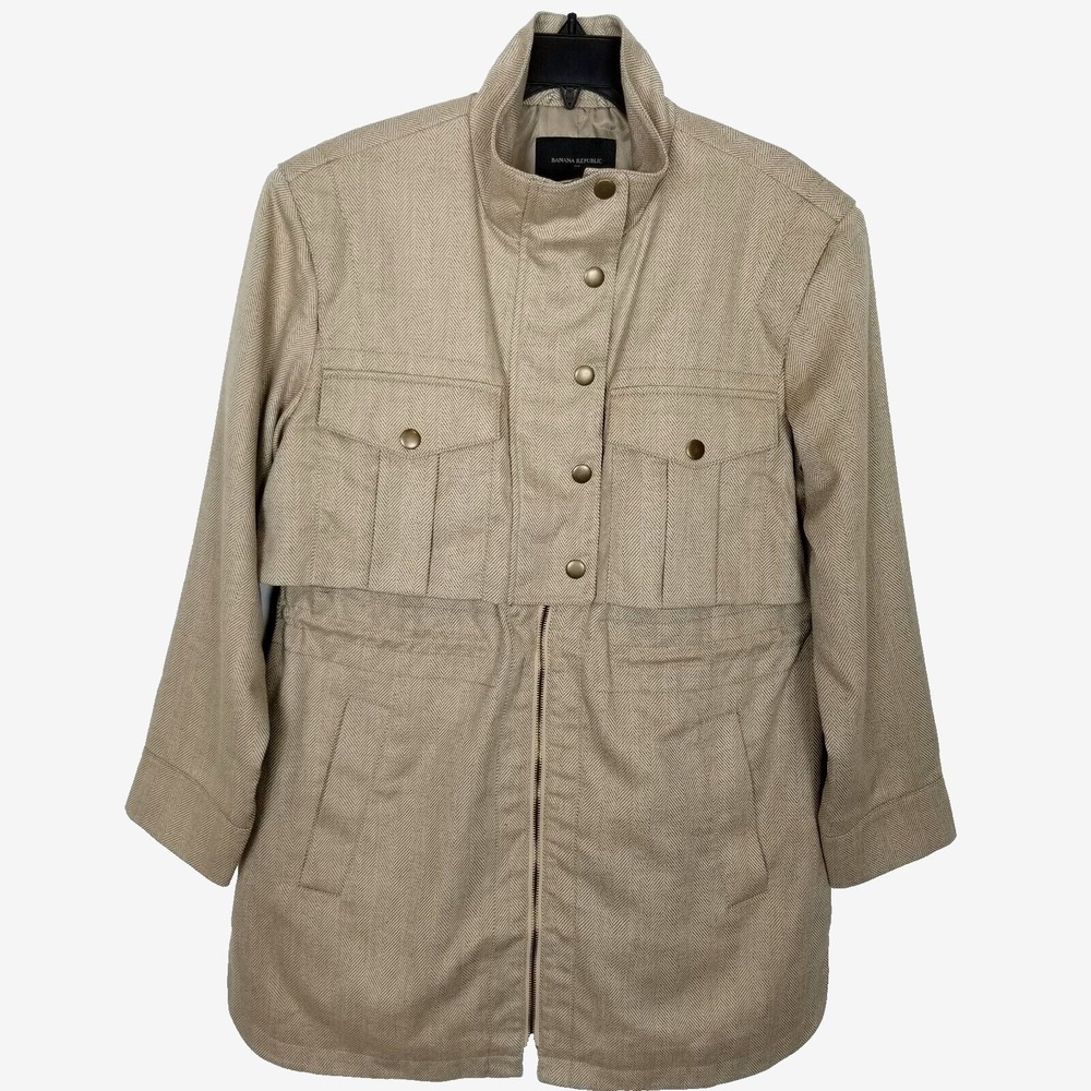 Banana Republic Women Herringbone Utility Jacket Sz M Beige Pockets Zip Casual